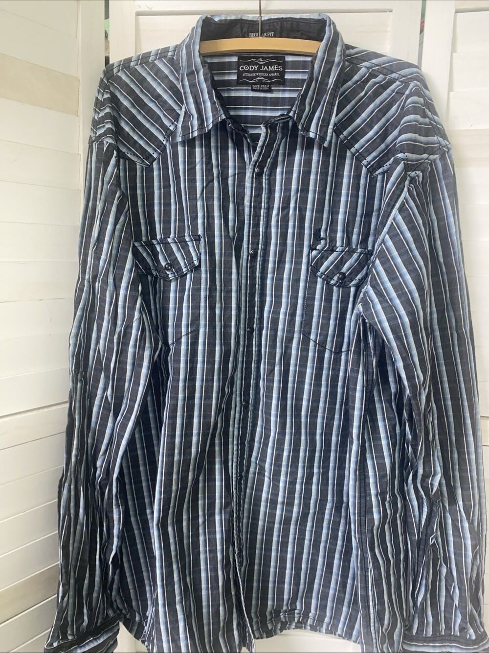 Cody James Pearl Snap Shirt Men’s XL Blue Gray Stripe Long Sleeve Western Rodeo